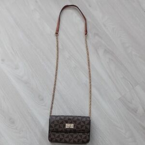 Brown Patterned Crossbody Bag with Gold Chain Strap
